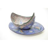 Persian style enamel boat shaped bowl with similarly decorated stand, stand 27cm long