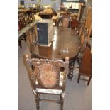 Early 20th Century oval oak extending dining table on barley twist legs