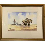 Maurice J.Bush (Dutch, 20th century), ploughing with Shire horses, watercolour and ink, signed,