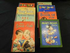 Small box of children's annuals etc including Mickey Mouse 1949