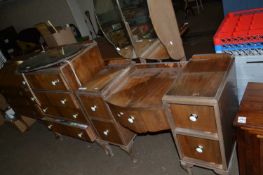 Walnut veneered dressing table with triple mirrored back together with matching chest of drawers and