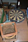 Dartboard and a quantity of various rackets