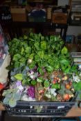 One box of various fake flowers and foliage