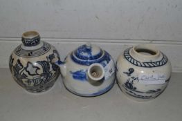 Mixed Lot: Small blue and white Oriental teapot together with a ginger jar and a further vase (3)