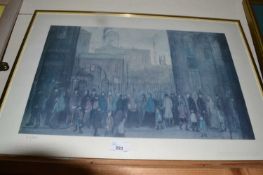 After L S Lowry, Outside the Mill, coloured print, number 411 of 850, produced for the Adam