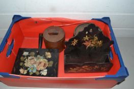 Box of mixed items to include lacquered letter rack, biscuit barrel etc