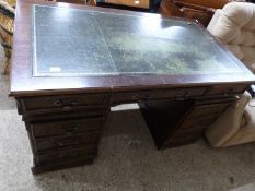 Reproduction mahogany veneered twin pedestal office desk with green leather inset top