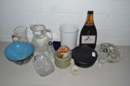 Mixed Lot: Various assorted glass wares, wall clock formed from a melted bottle, glass pipe stand