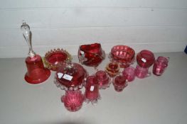 Quantity of various assorted cranberry glass bowls and other items