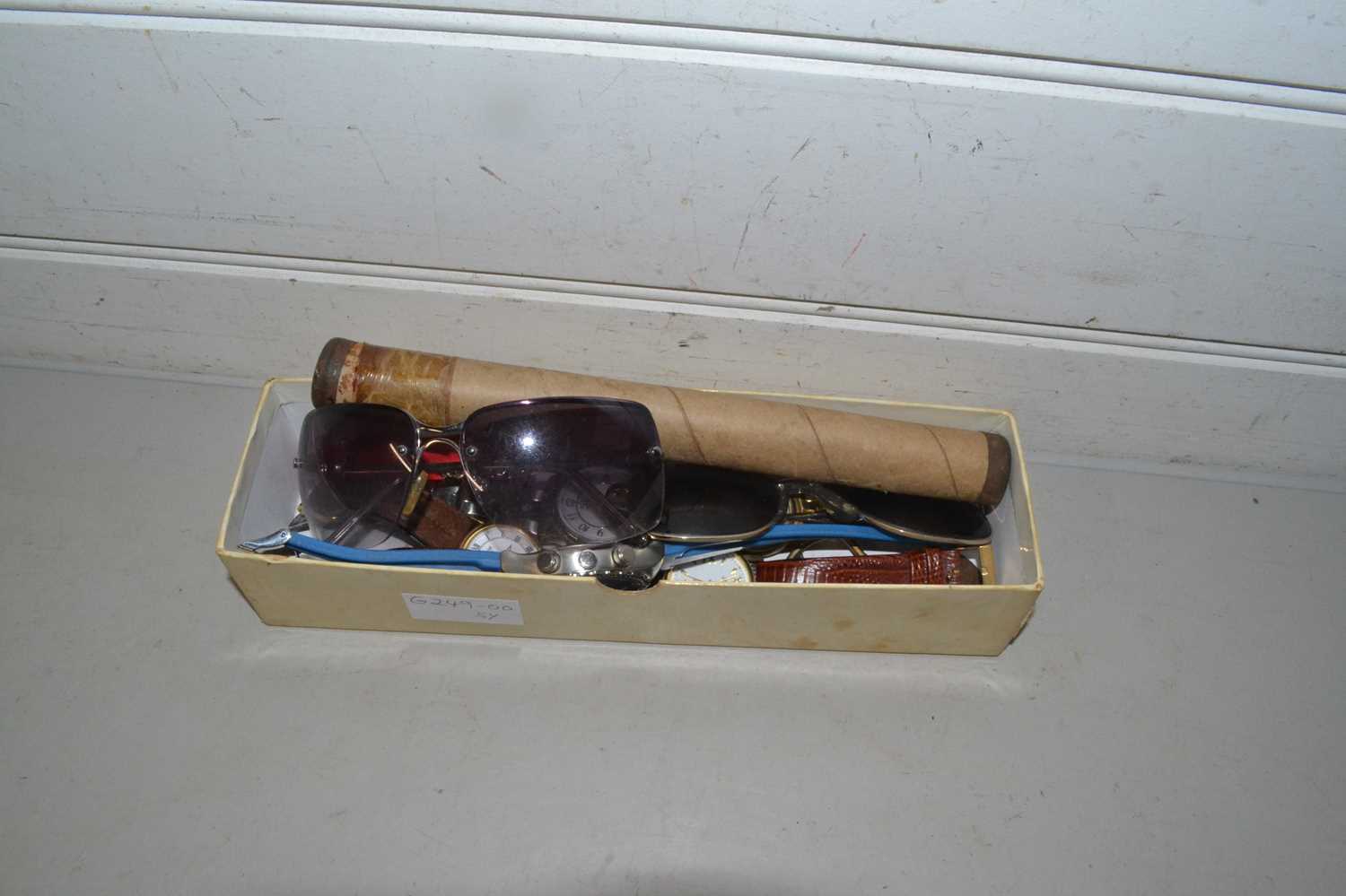 Box of various assorted wristwatches, sunglasses and other items