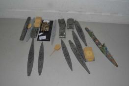 Collection of various model military boats and tanks, all plastic
