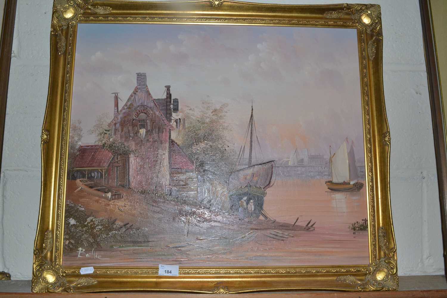 Baillie, study of a Dutch river scene, oil on canvas, gilt framed