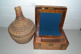 Late 19th Century mahogany brass bound writing box together with a wicker container (2)