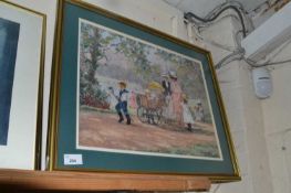 Coloured print with needlework detail, fashionable ladies in a parkland setting with children