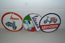 Three modern cast iron wall plaques, Lambretta and Vespa mopeds