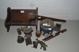 Mixed Lot: Wooden book rack, various small bells, desk blotter, model walrus and mouse, biscuit