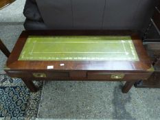 Modern military style hardwood coffee table with two drawers and inlaid leather top, 102cm wide