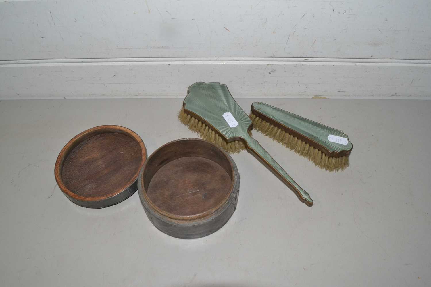 Mixed Lot: Pewter mounted dressing table box and two hairbrushes