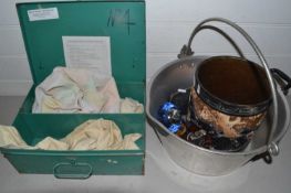 Mixed Lot: Aluminium jam pan, vintage first aid box, table lighters, jardiniere etc