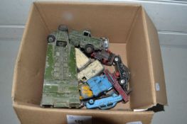 Box of various die cast vehicles to include Dinky Supertoys tank transporter and various others