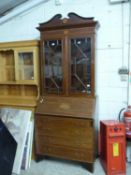 Edwardian mahogany bureau bookcase cabinet with glazed top section and inlaid shell decoration