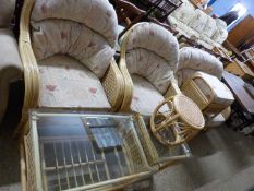 Bamboo framed conservatory suite comprising sofa, two chairs, footstool, two glass top coffee tables