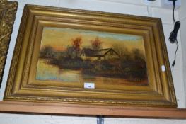 W King, study of a riverside cottage, oil on board, gilt framed