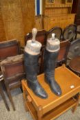 Pair of vintage leather riding boots with stretcher, the stretcher marked Tom Hill, London
