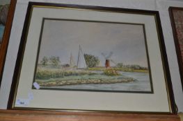 Contemporary school study of the River Thurne with Windpump, watercolour, indistinctly signed