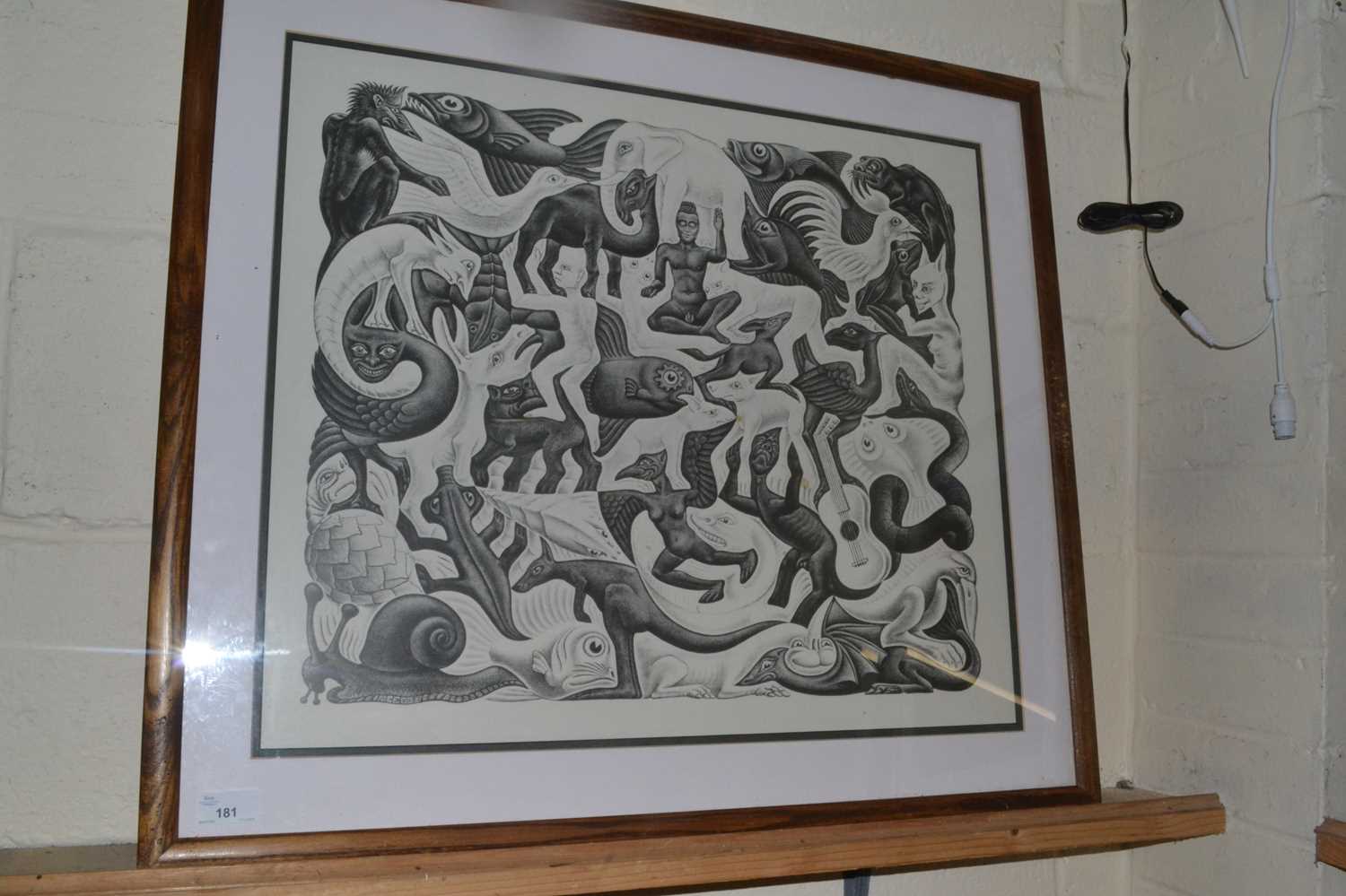 Contemporary black and white print, Entwined Mythical Beasts Figures and Animals