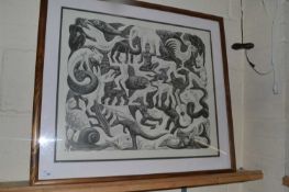 Contemporary black and white print, Entwined Mythical Beasts Figures and Animals