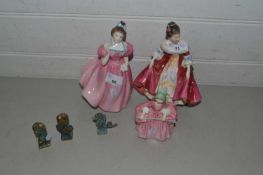 Mixed Lot: Three Royal Doulton figurines to include Bo-Peep plus three small brass ornaments (6)