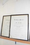 Two framed certificates for The College of Preceptors