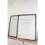 Two framed certificates for The College of Preceptors