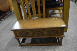 Carved oak box stool, 75cm wide