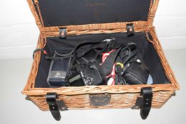 Small Harrods wicker hamper containing various assorted cameras