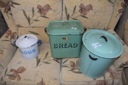 Enamel bread bin, an enamel flour bin and one other (3)