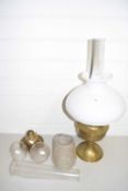 Brass based oil lamp together with a further small brass oil lamp and assorted glass shade