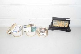 Mixed Lot: A cork diorama picture together with two tins of tea cards