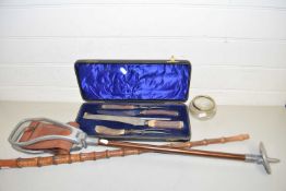 Mixed Lot: Cased carving set, shooting stick, walking stick and a glass bowl