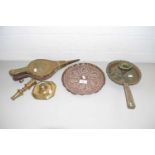 Mixed Lot: Copper and brass wares to include fire bellows, small serving tray, chamber stick etc