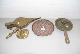 Mixed Lot: Copper and brass wares to include fire bellows, small serving tray, chamber stick etc