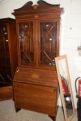 Edwardian mahogany bureau bookcase cabinet with glazed top section and inlaid shell decoration