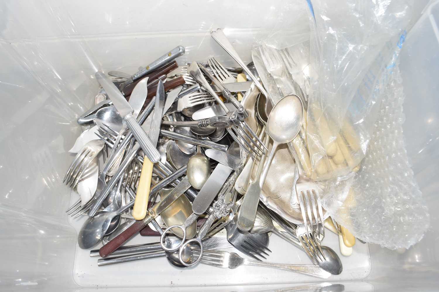 Large box of assorted plated cutlery