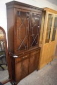 Reproduction mahogany side cabinet with glazed top section and drawer and cupboard base