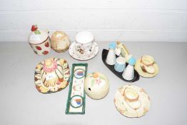 Mixed Lot: Various floral decorated preserve pots, butter dish, retro cruet set and other items