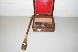 Small 19th Century mahogany and brass bound box together with a shoe horn