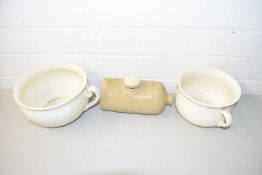 Two chamber pots and a stoneware hot water bottle
