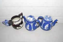 Group of 19th Century Jasper Ware items to include two small teapots, a Wilson jug and a further