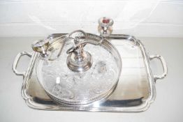 Mixed Lot: Two silver plated serving trays and a silver plated candelabra